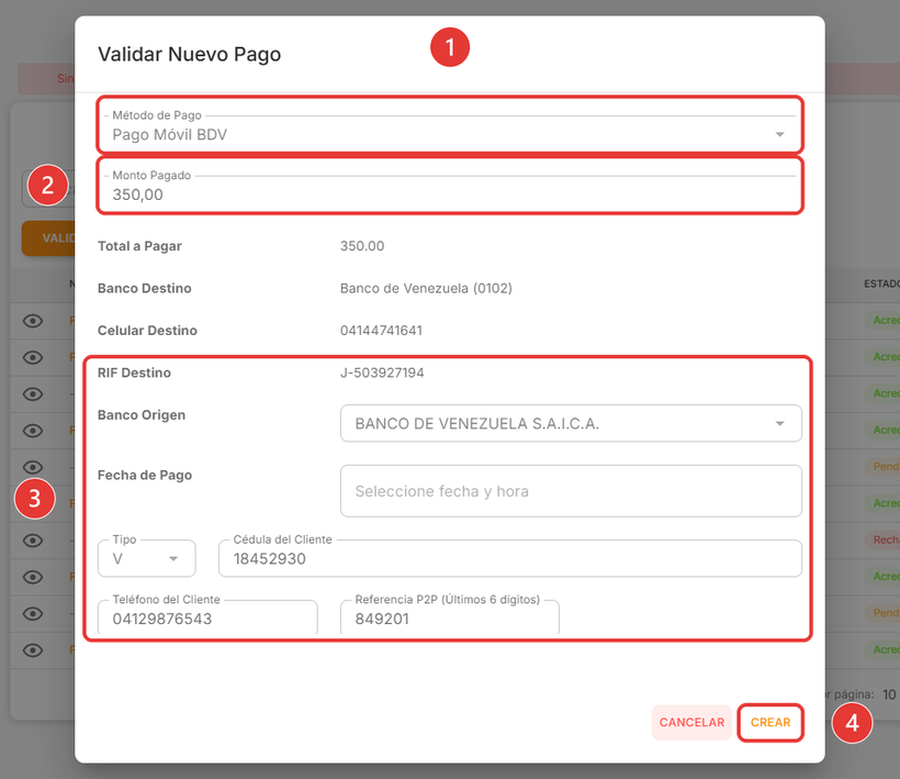 Panel para validar un nuevo pago