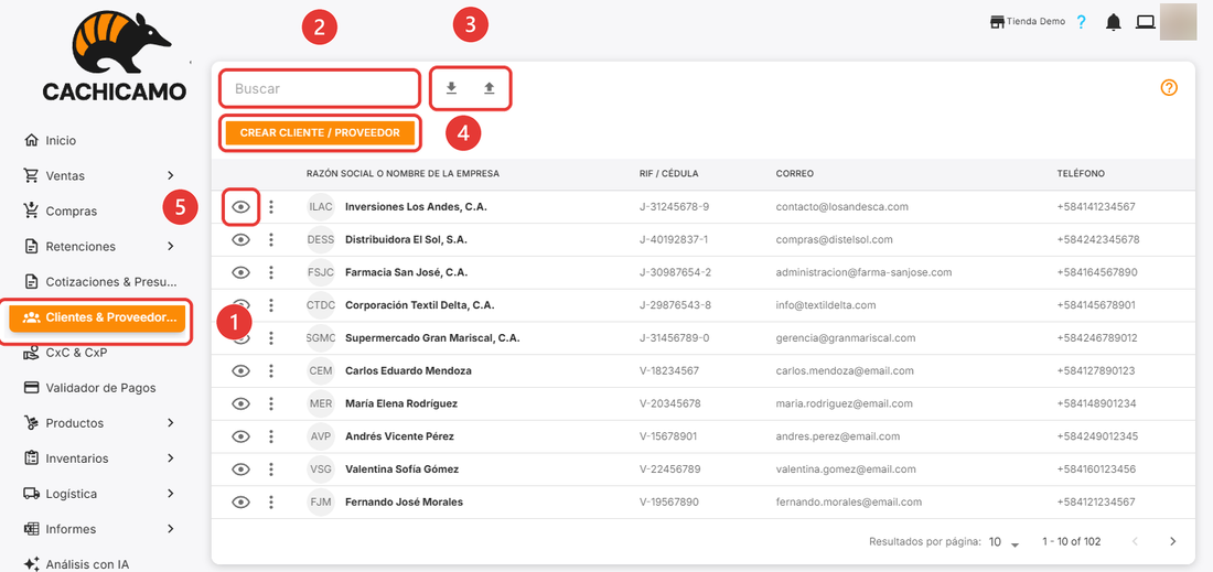 Vista general del módulo de Clientes y Proveedores