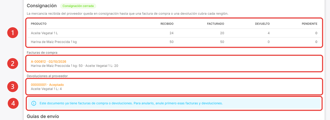 Nota del proveedor cubierta por una factura de compra y una devolución