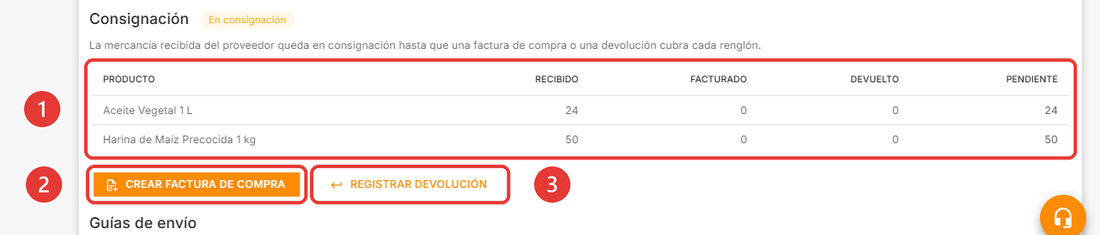 Bloque de consignación en el detalle de una nota del proveedor