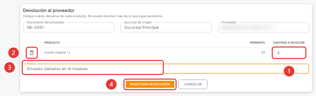 Formulario de devolución al proveedor
