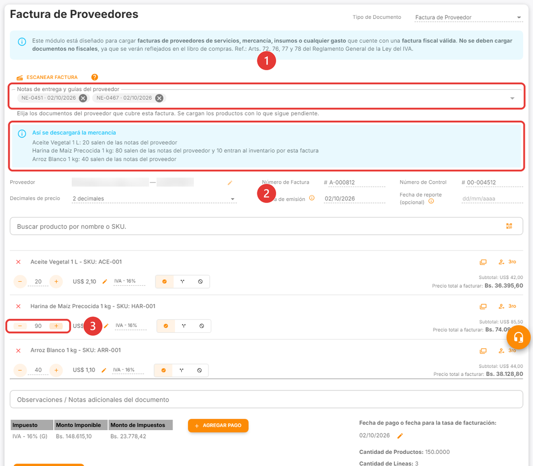 Factura de compra que cubre dos notas del proveedor, con el aviso de cómo se descarga la mercancía