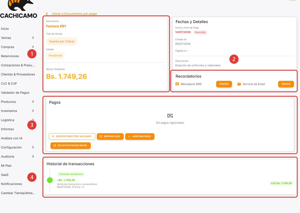 Panel de detalle de cuenta por cobrar o pagar con registro de pagos e historial