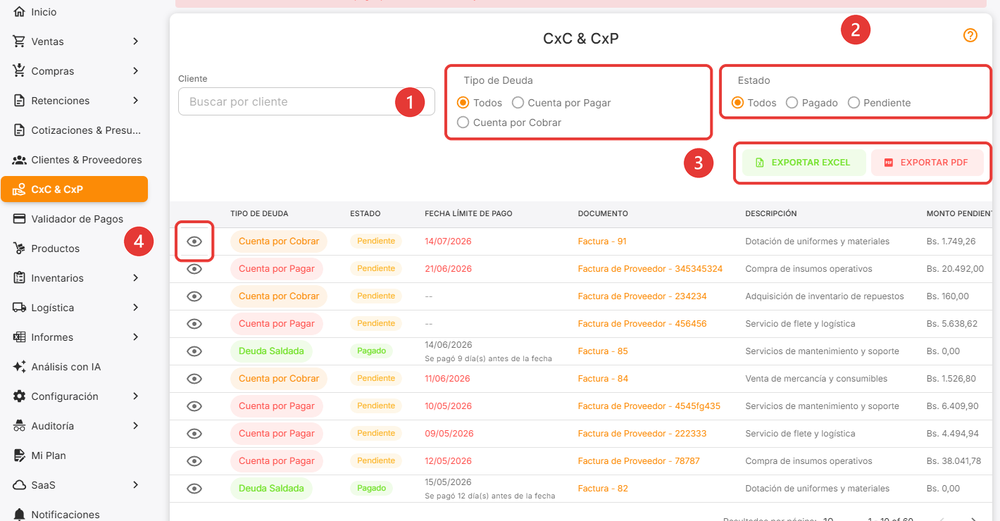 Listado principal de CxC y CxP con filtros y opciones de exportación