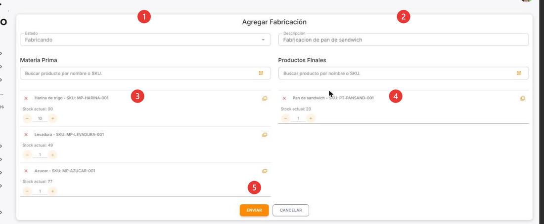 Formulario de creación de fabricación