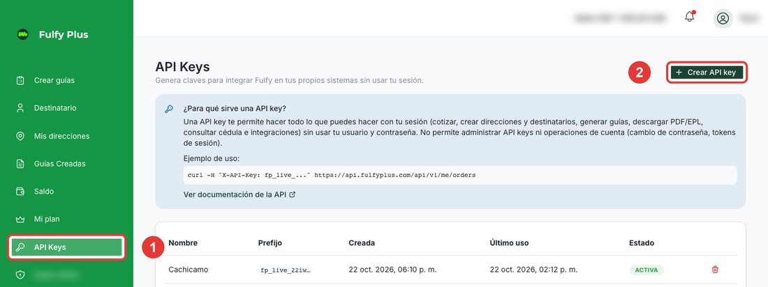 Pantalla API Keys del panel de Fulfy Plus