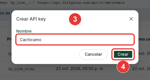 Diálogo para crear una API key en Fulfy Plus