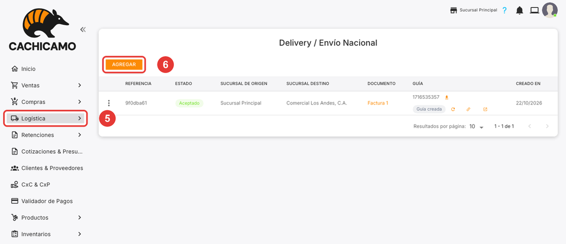 Listado Delivery / Envío Nacional con el botón Agregar