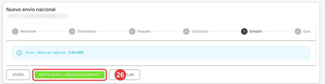 Paso Emisión con el resumen y el botón para emitir