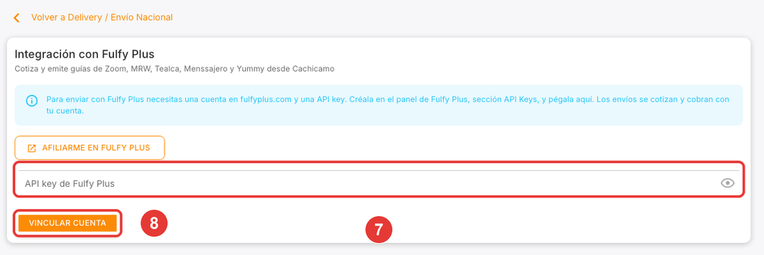 Tarjeta para vincular la cuenta de Fulfy Plus