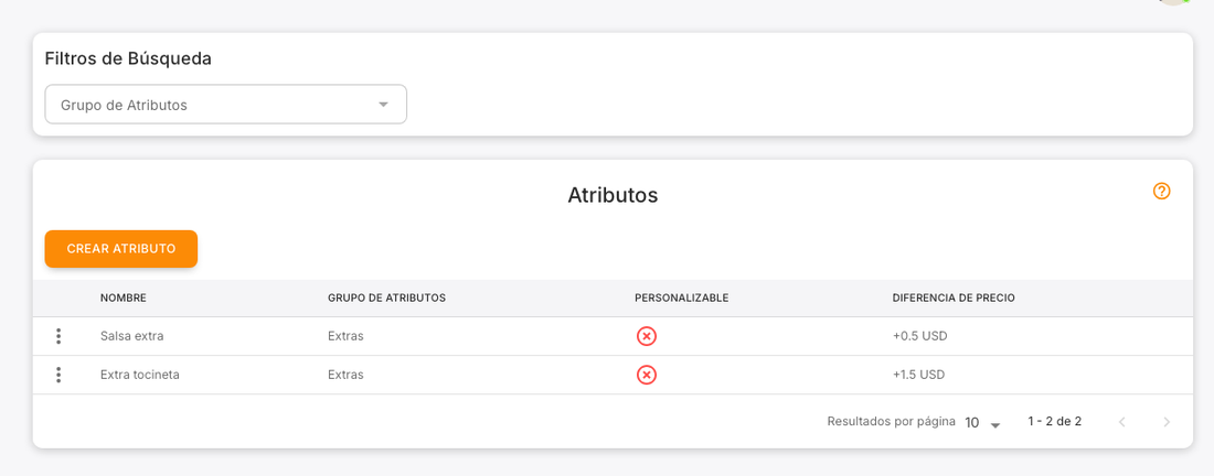Lista de atributos con los dos extras creados