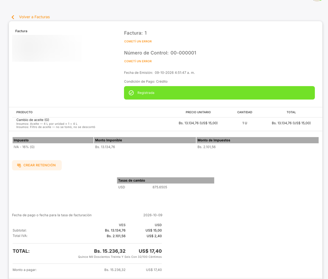 Detalle de la factura con los insumos descontados