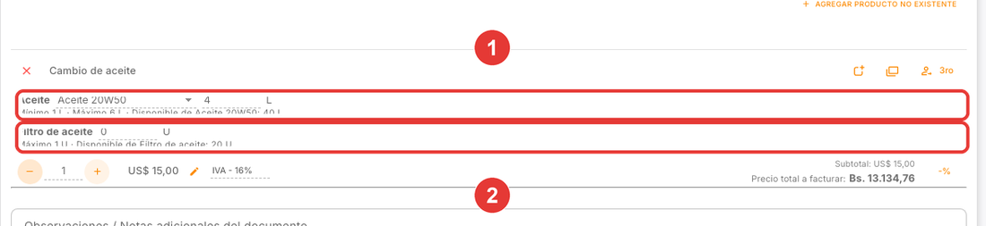 Factura lista con 4 litros de aceite y filtro en cero