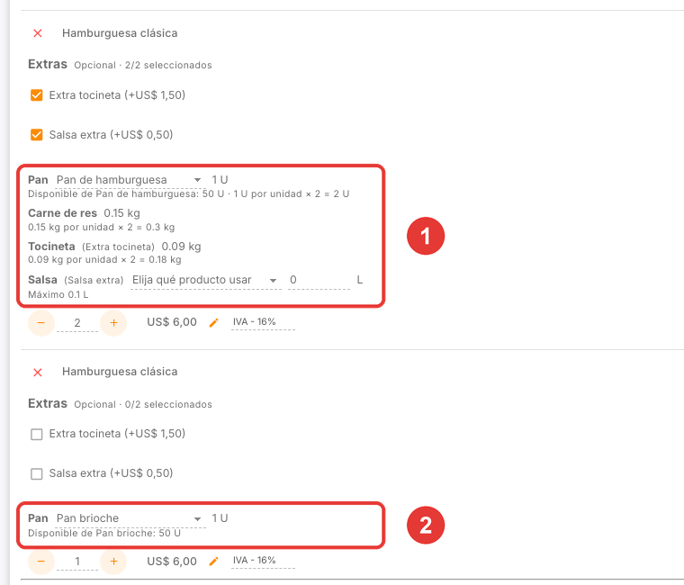 Dos productos en la misma factura, cada uno con sus insumos