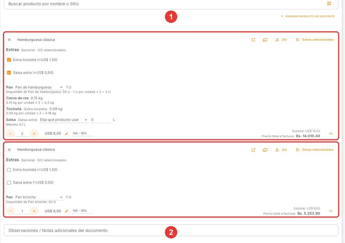 Dos productos en la misma factura, cada uno con sus insumos