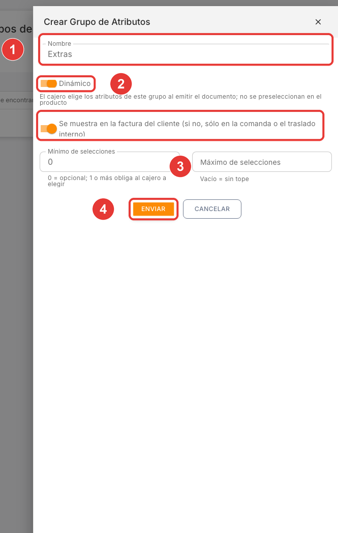 Panel de creación de un grupo de atributos dinámico