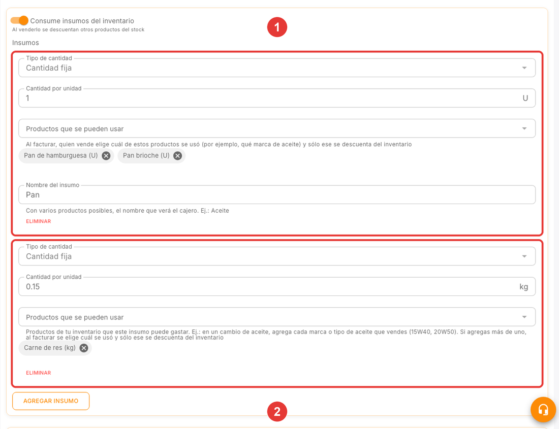 Producto virtual con un insumo de varios productos y otro de uno solo