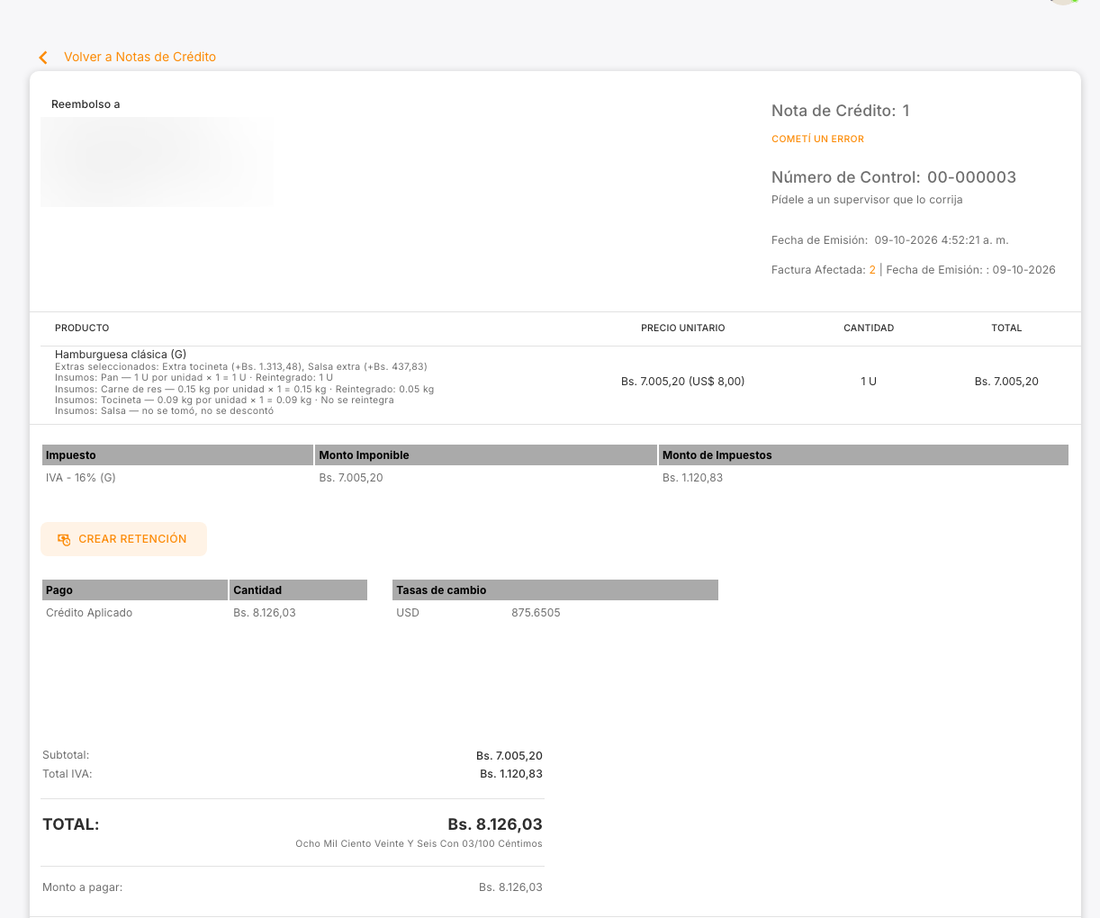 Detalle de la nota de crédito con los insumos reintegrados