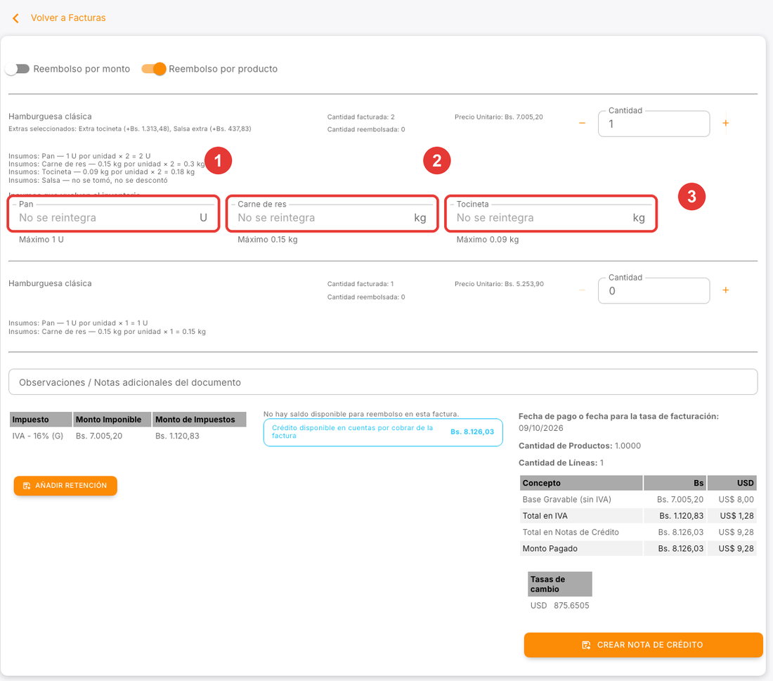 Nota de crédito pidiendo los insumos que vuelven al inventario