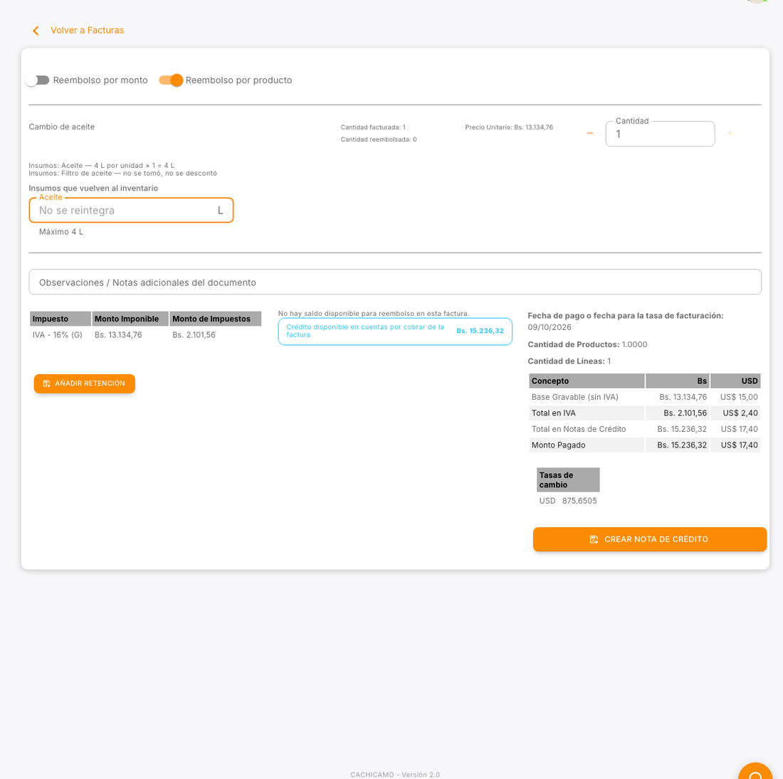 Nota de crédito sin reponer insumos