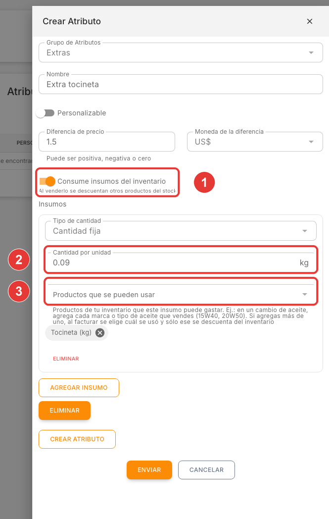 Atributo con un insumo de cantidad fija