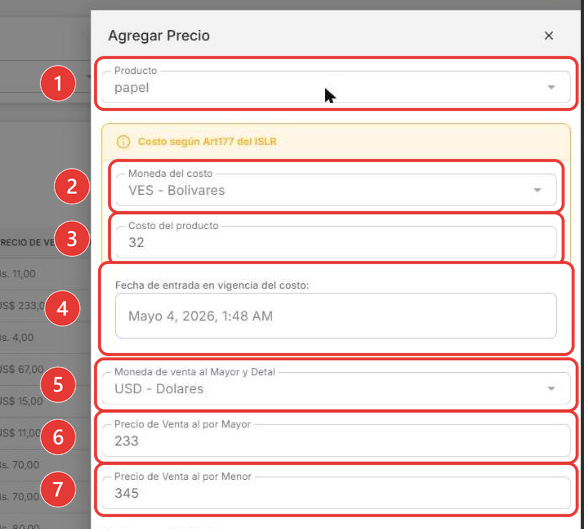 Panel de creación de un precio
