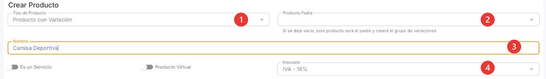 Panel de creación con Producto Padre vacío, que convierte al producto en el padre del grupo