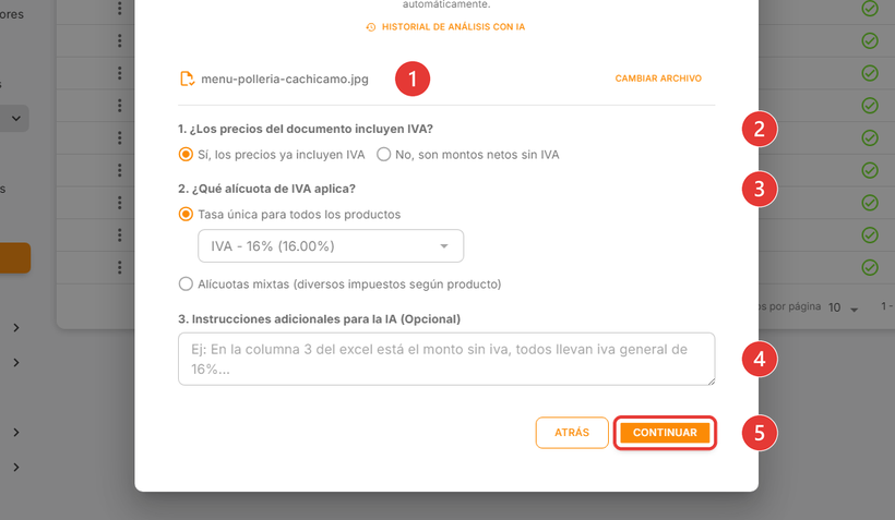 Asistente con el documento cargado y las preguntas fiscales