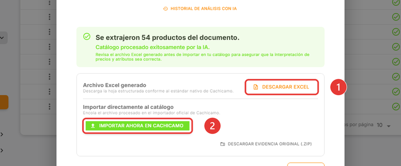 Resultado del análisis con los botones Descargar Excel e Importar ahora