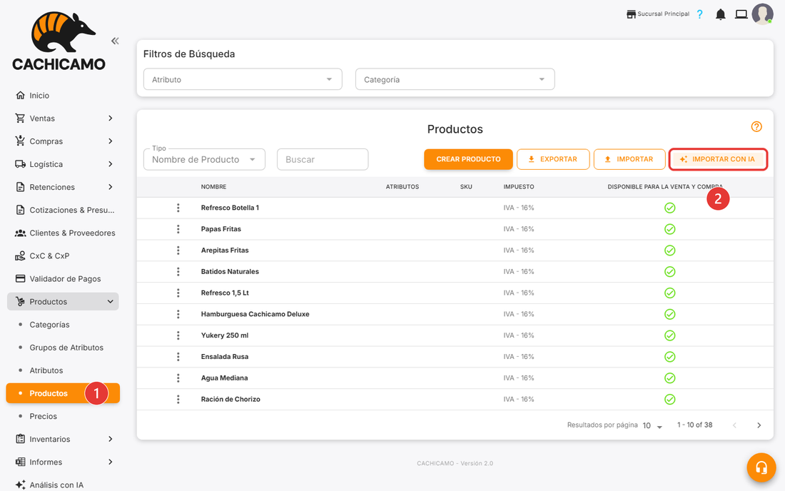Pantalla de Productos con el botón Importar con IA