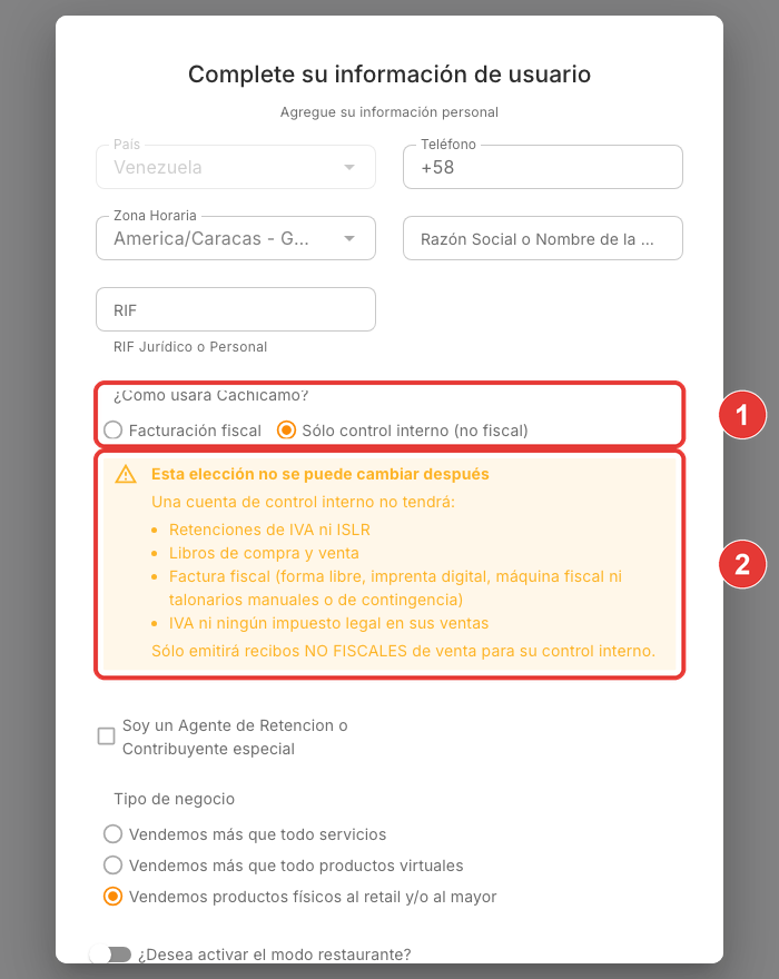 Wizard de registro con la opción de control interno seleccionada