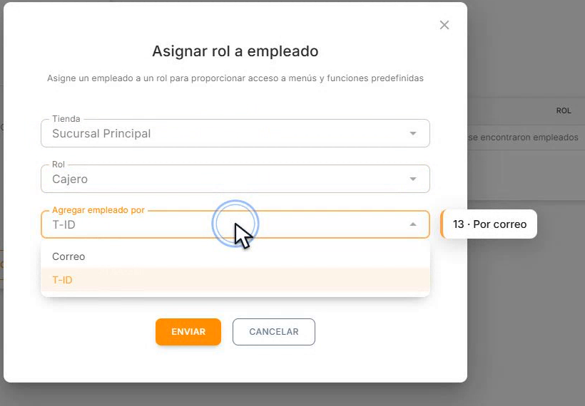 Selector Agregar empleado por con la opción Correo