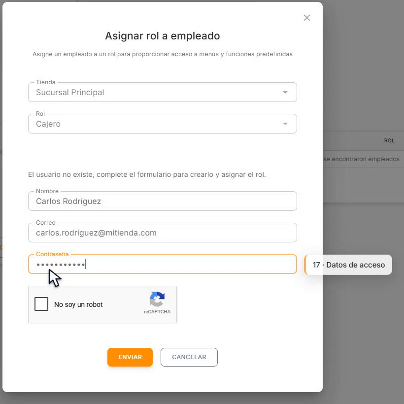 Formulario de alta del empleado con su nombre, correo y contraseña
