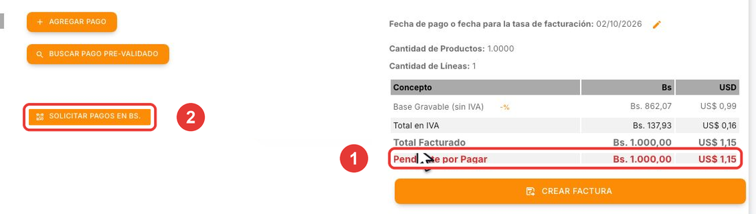Factura con el botón Solicitar pagos en Bs.