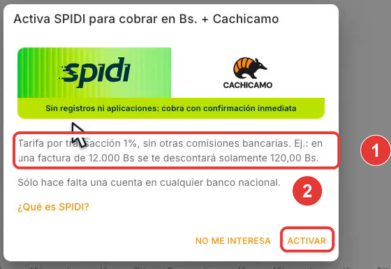 Oferta para activar SPIDI en el panel