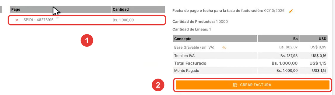 Pago SPIDI agregado a la factura