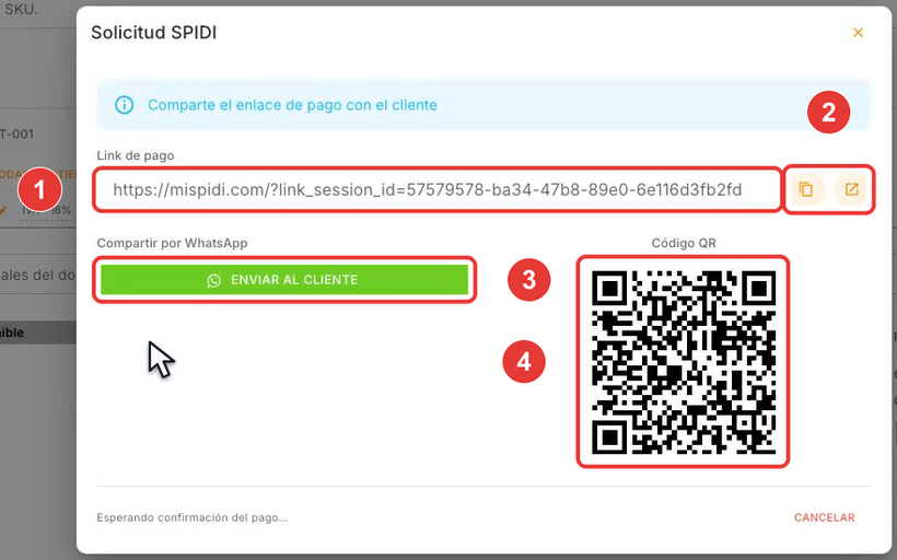 Solicitud SPIDI con el enlace de pago y el código QR